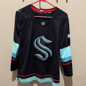 Fanatics Blue and Teal Women's Hockey Jersey. Kraken, #7 Eberle EUC